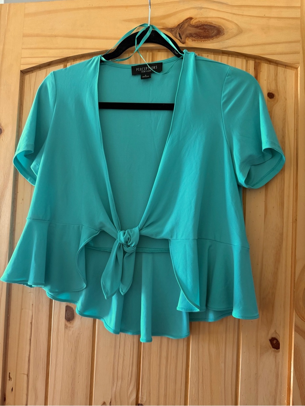 Perceptions Teal Tie-Front Peplum Blouse